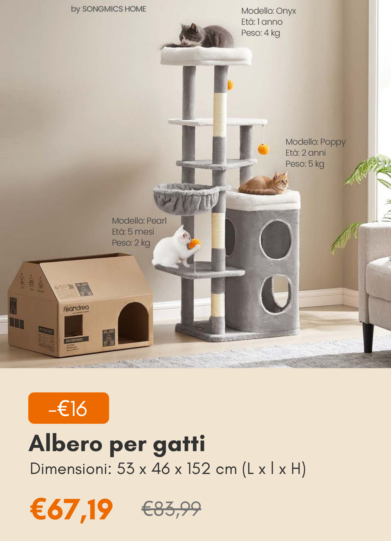 Albero per gatti a più livelli con amaca grotte e tiragraffi