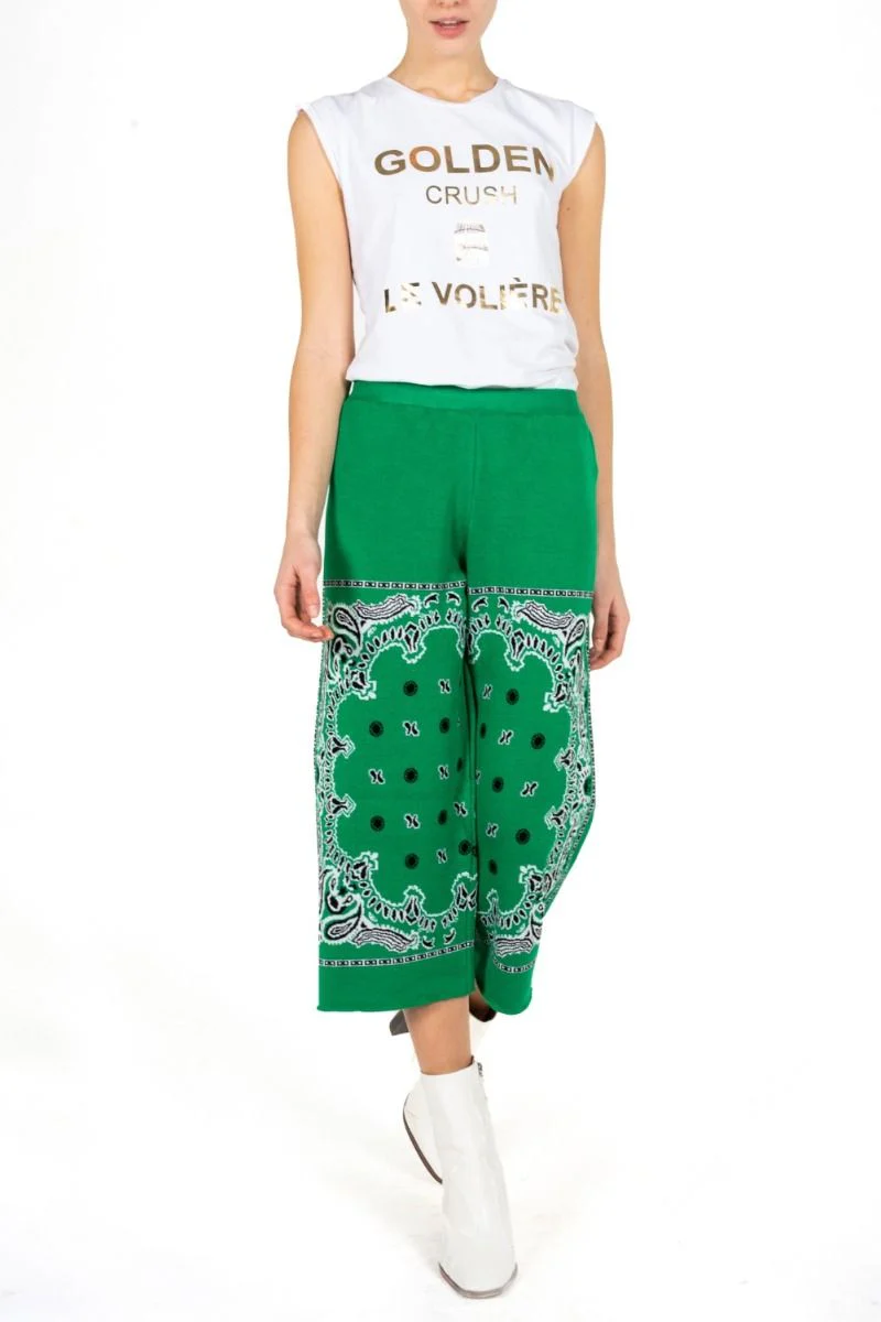 Image of AKEP Pantalone Palazzo Verde con Stampa Bandana