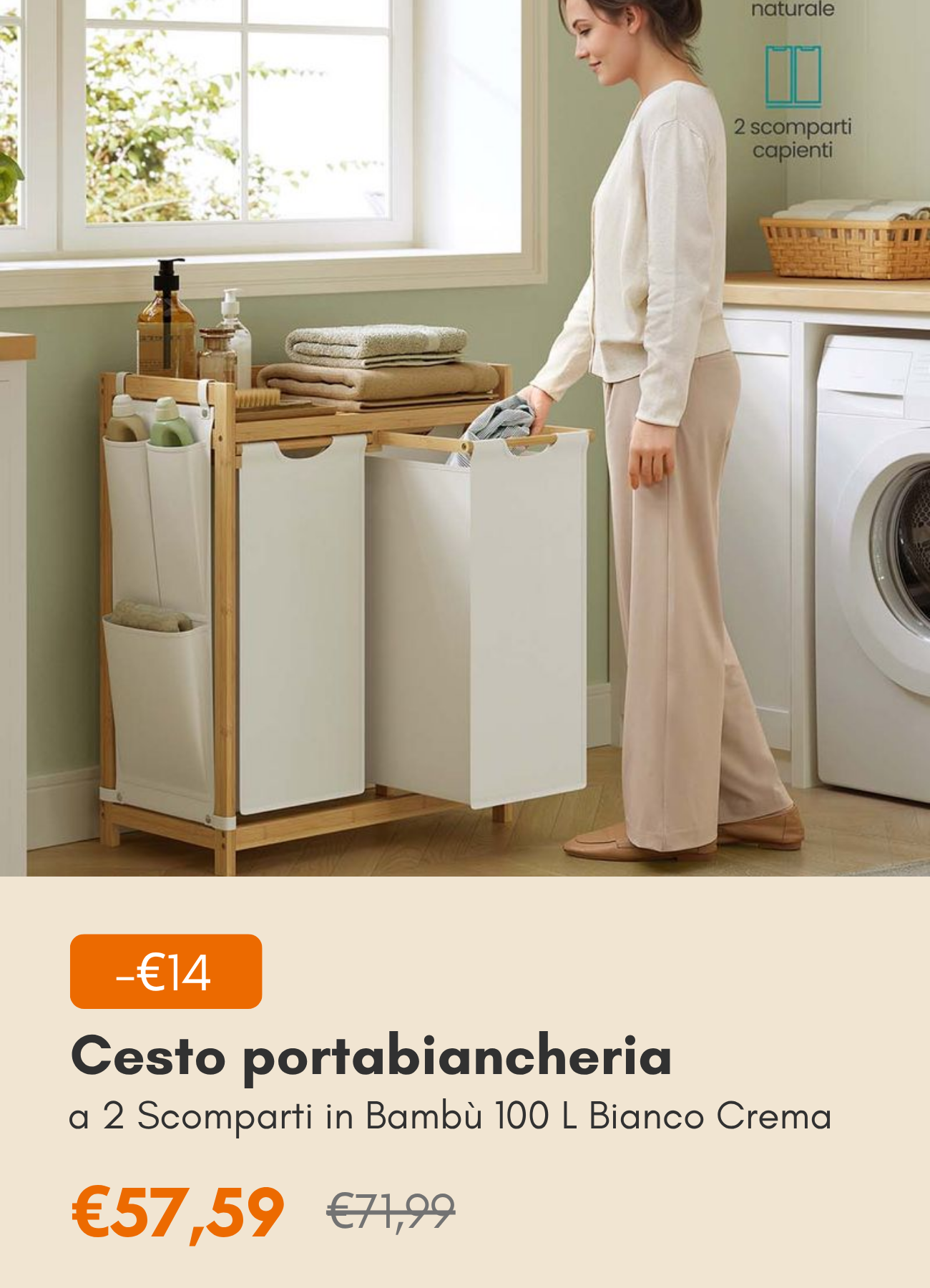  Cesto Portabiancheria a 2 Scomparti in Bambù 100 L Bianco Crema