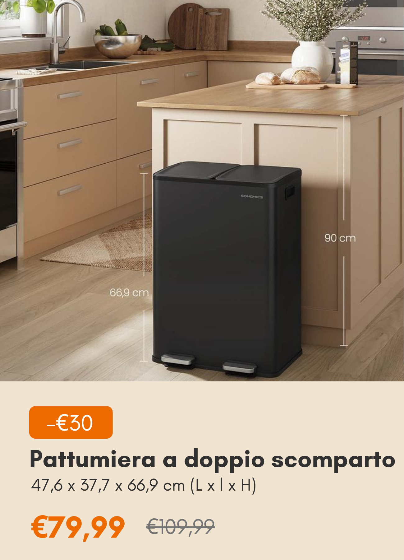 Pattumiera a pedale doppio scomparto chiusura morbida in acciaio