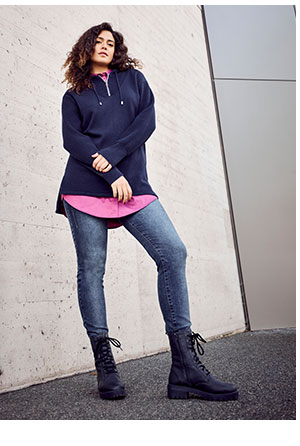Maglione con cappuccio, zip, maniche lunghe e retro più lungo