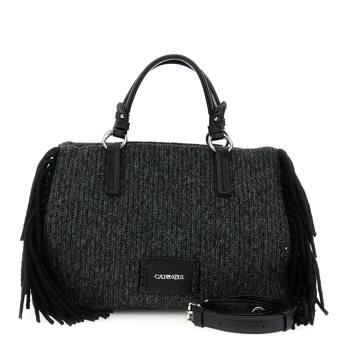 Image of borsa con manici in maglia con frange di lana laterali nero