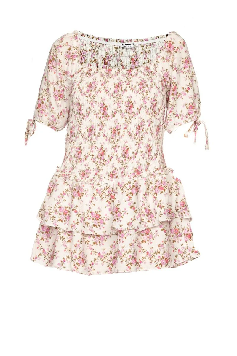 Image of GLAMOROUS Mini Abito Bianco con Stampa Bucolica Rosa
