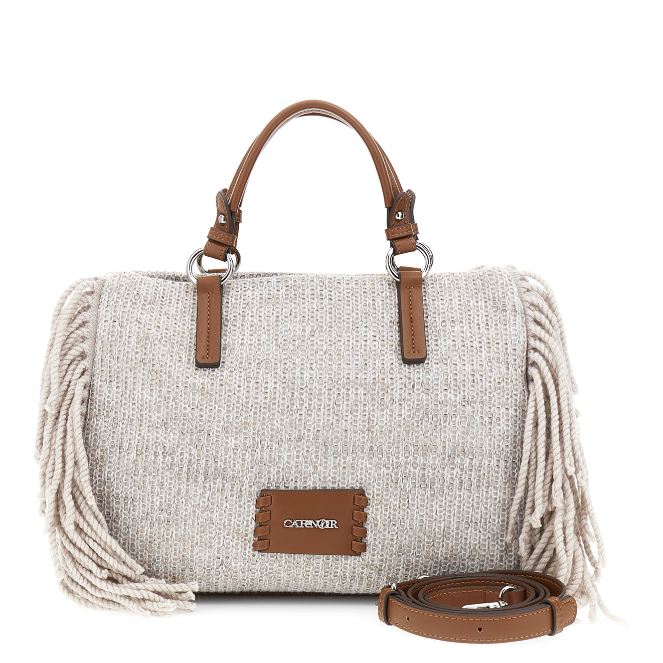Image of borsa con manici in maglia con frange di lana laterali beige
