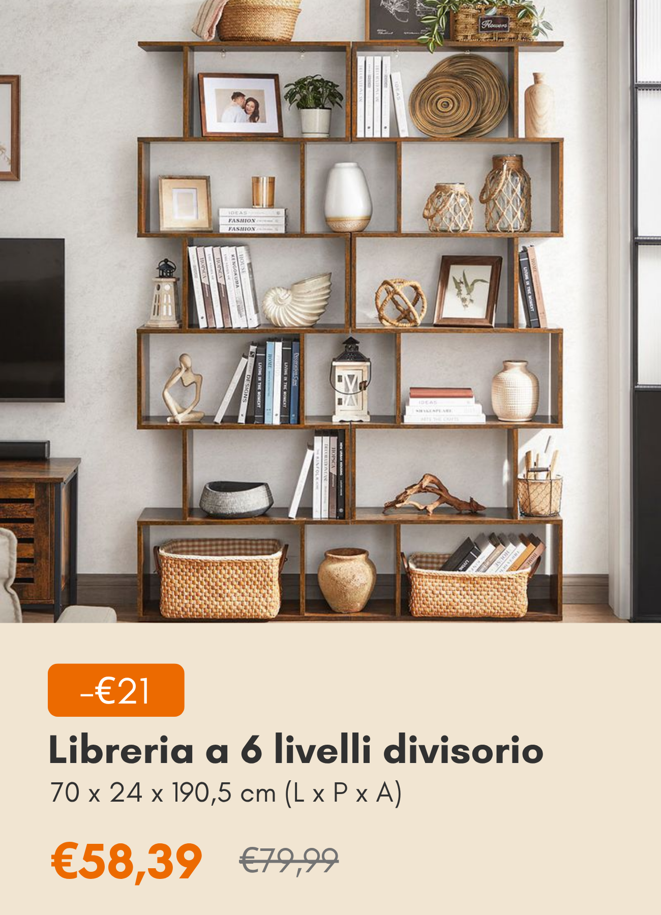 Libreria a 6 Livelli Divisorio per Stanza Autoportante Moderno Marrone Vintage