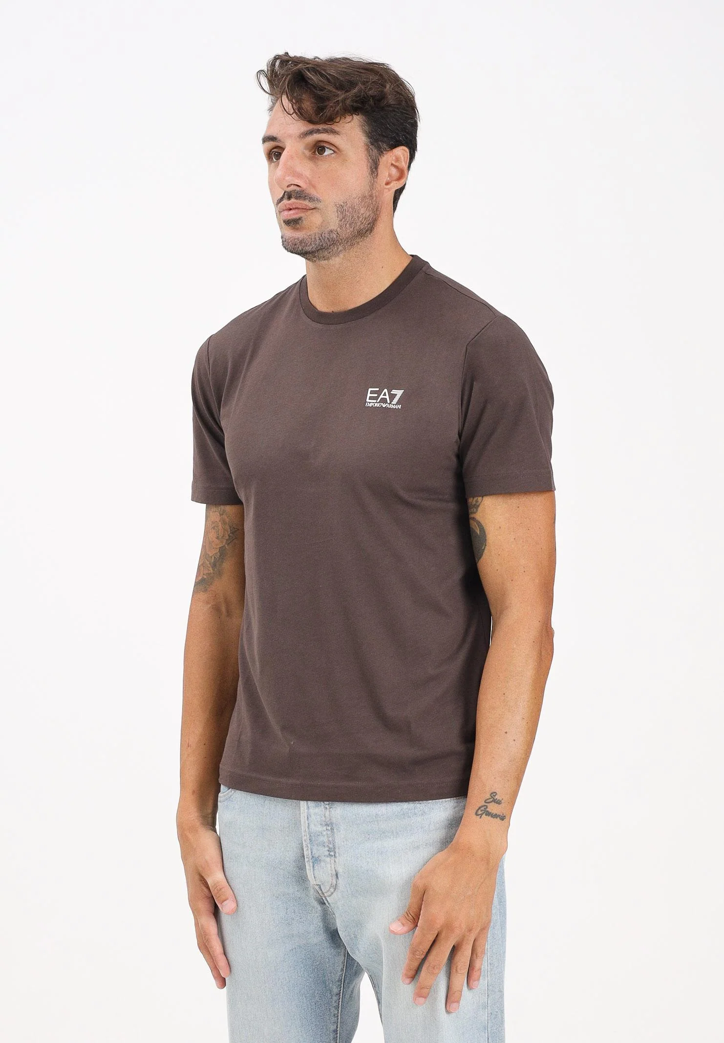 Image of EA7 T-shirt a manica corta marrone da uomo con logo