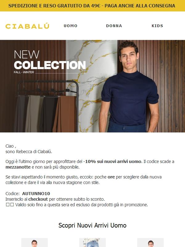 ⚡ Si chiude stasera: -10% sui nuovi arrivi uomo