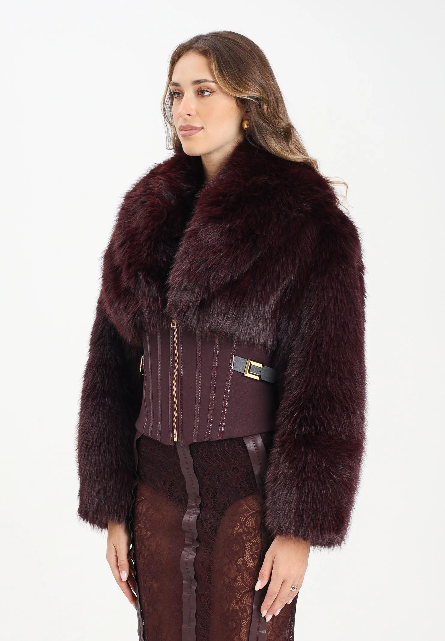 Image of ELISABETTA FRANCHI Pelliccia bordeaux da donna con bustier