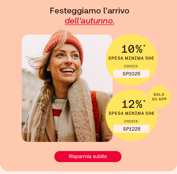 „Festeggiamo l’arrivo dell’autunno: donna sorridente con cappello rosso, testo con sconti 10% e 12% su spesa minima 59€, codici SP1025 e SP1225, pulsante rosso ‘Risparmia subito’.“