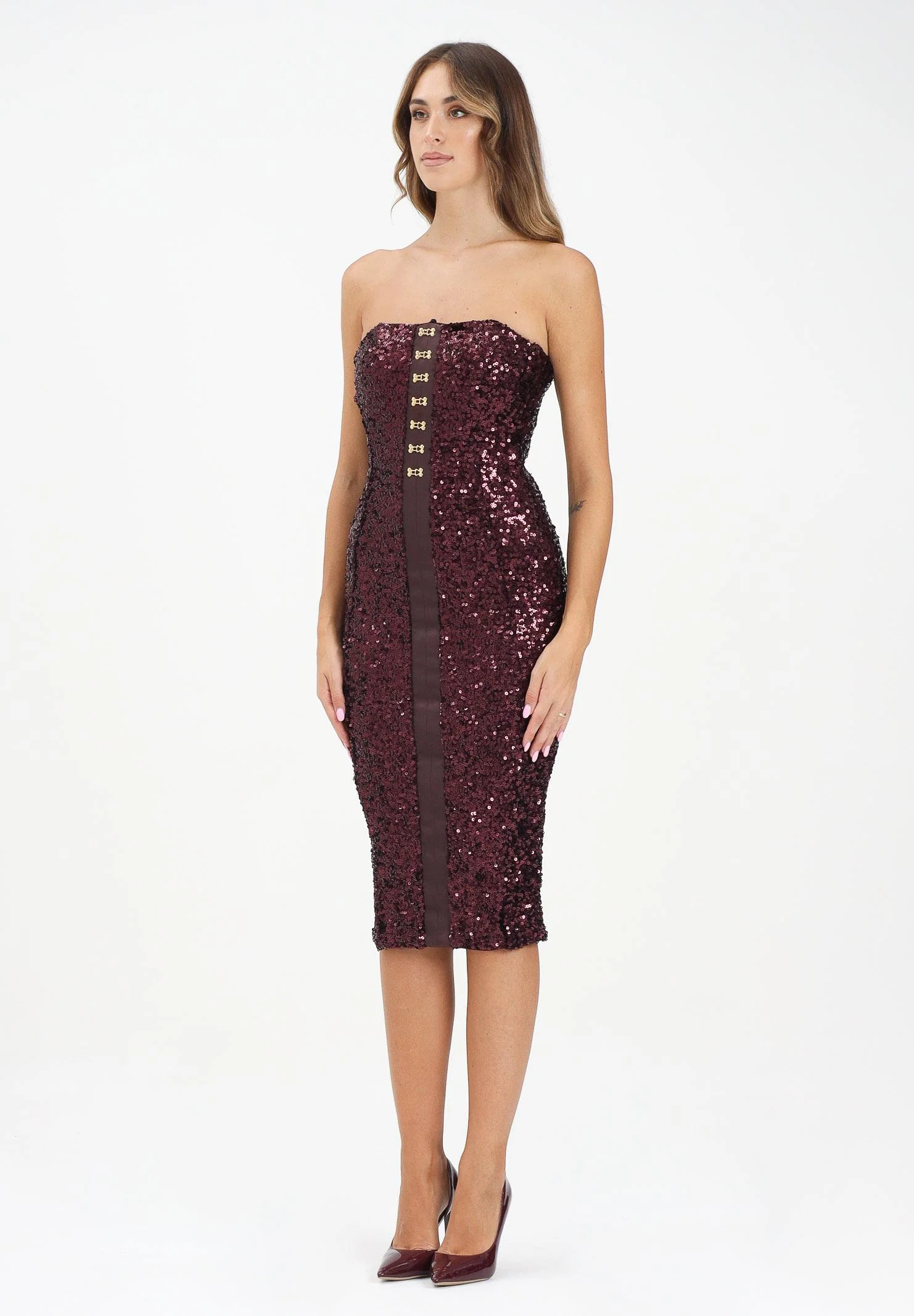 Image of ELISABETTA FRANCHI Abito midi bordeaux da donna completamente ricoperto di paillettes