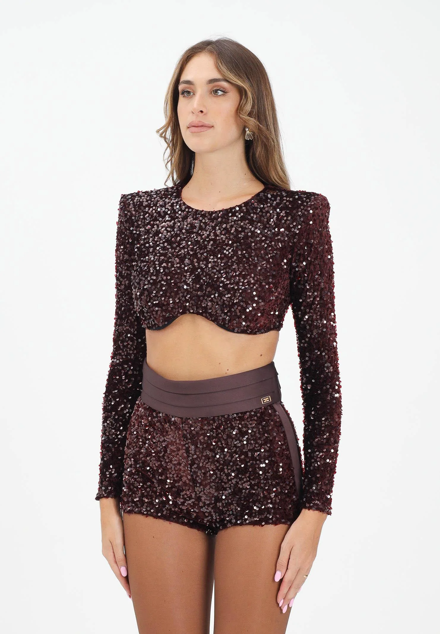 Image of ELISABETTA FRANCHI Top elegante bordeaux da donna completamente ricoperto di paillettes