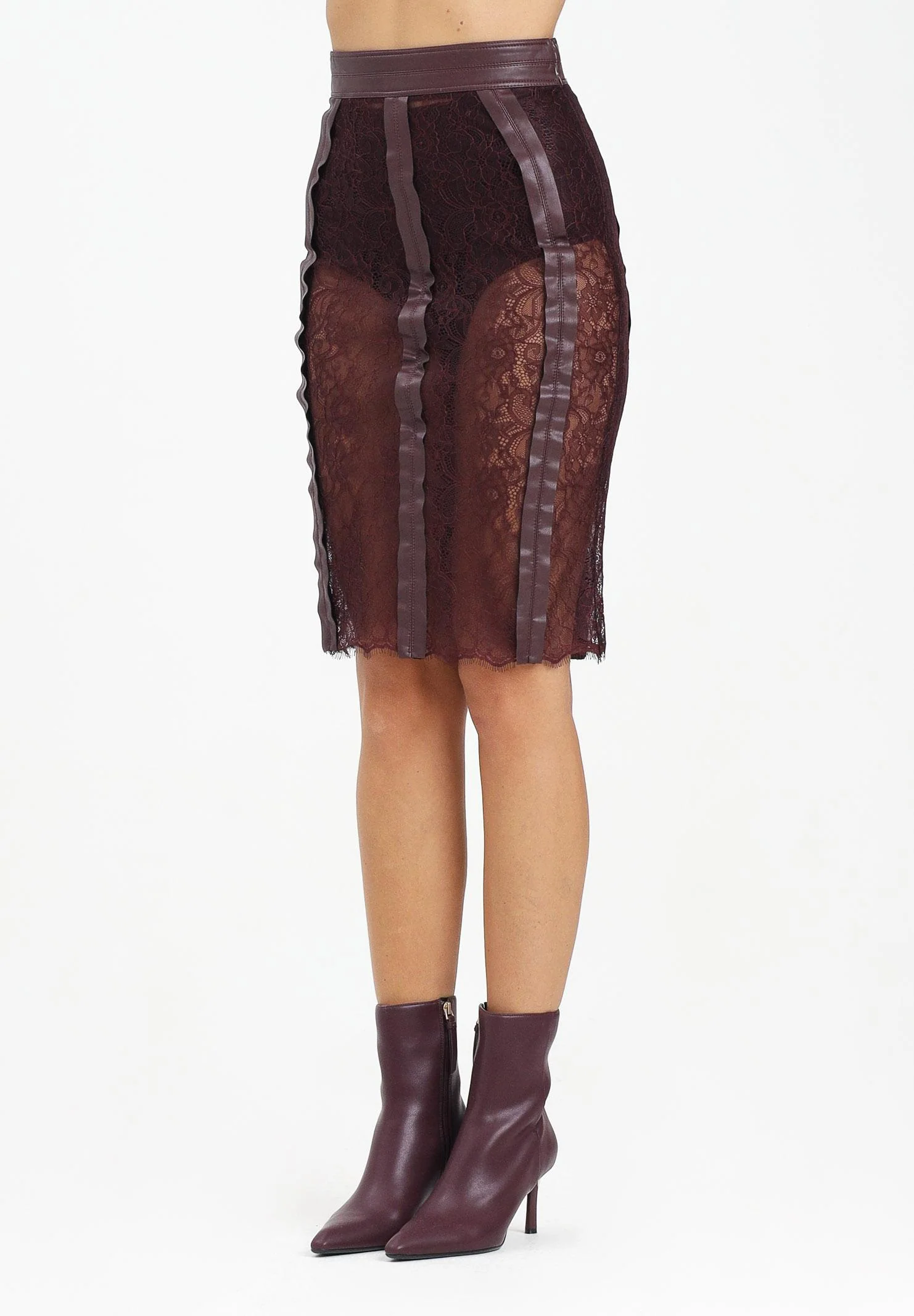Image of ELISABETTA FRANCHI Gonna midi in pizzo floreale bordeaux da donna