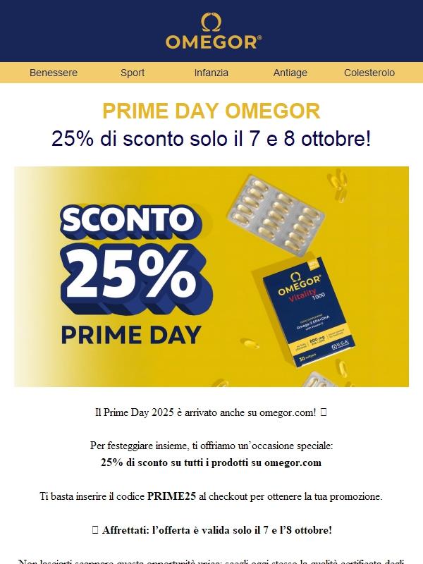 🎉 Prime Day Omegor: 25% di sconto solo il 7 e 8 ottobre!