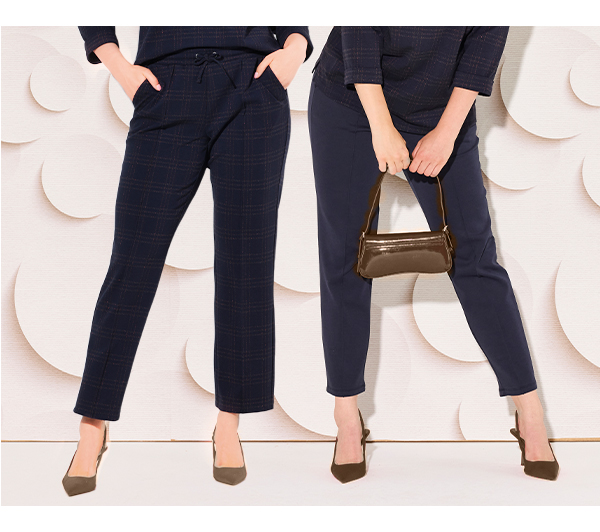 Pantaloni in jersey punto Roma con quadri, glitter, pieghe e cintura elastica