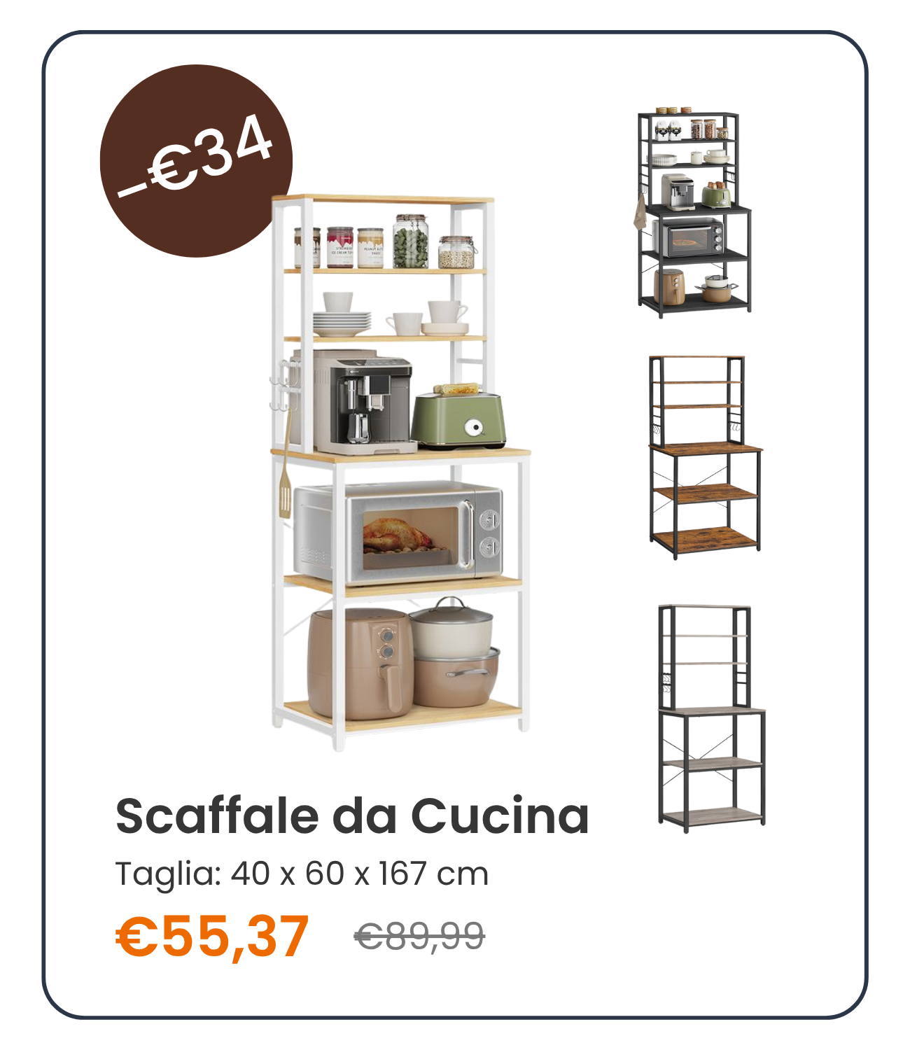 Scaffale da Cucina a 6 Ripiani con 6 Ganci 40 x 60 x 167 cm Rovere e Bianco