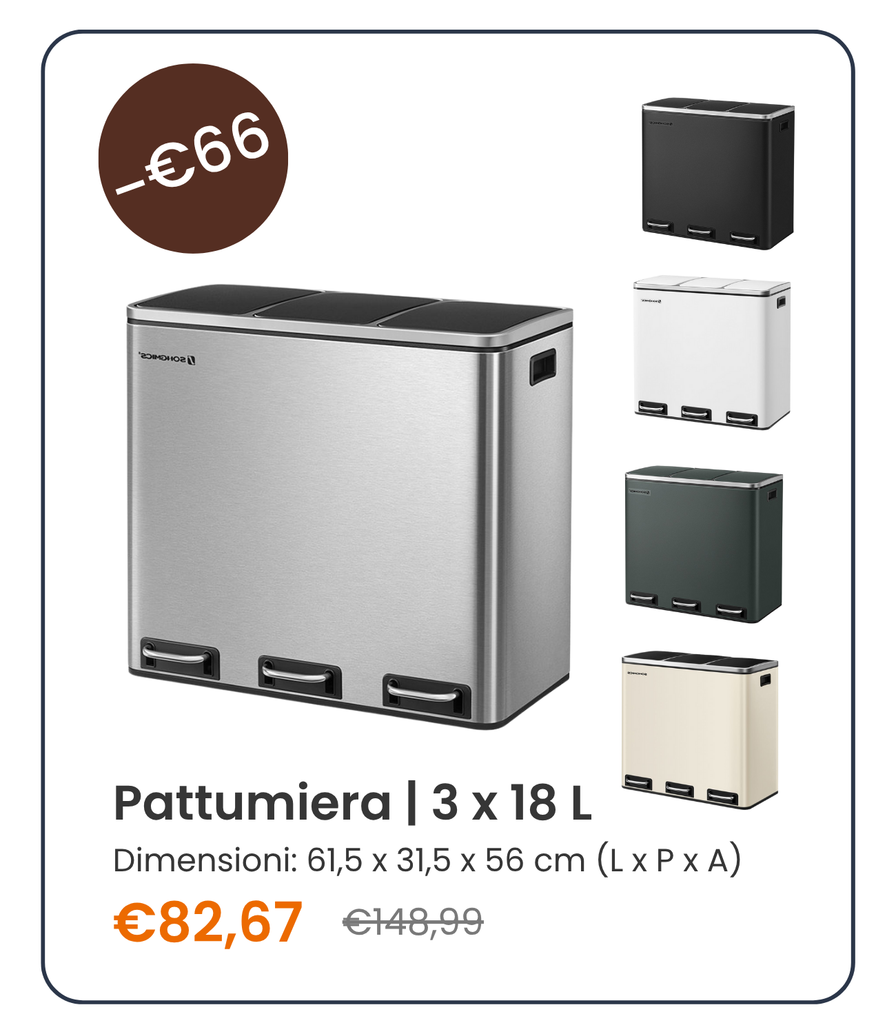 Pattumiera a 3 Censtini da Cucina con Coperchi Pedali Acciaio Argento e Nero