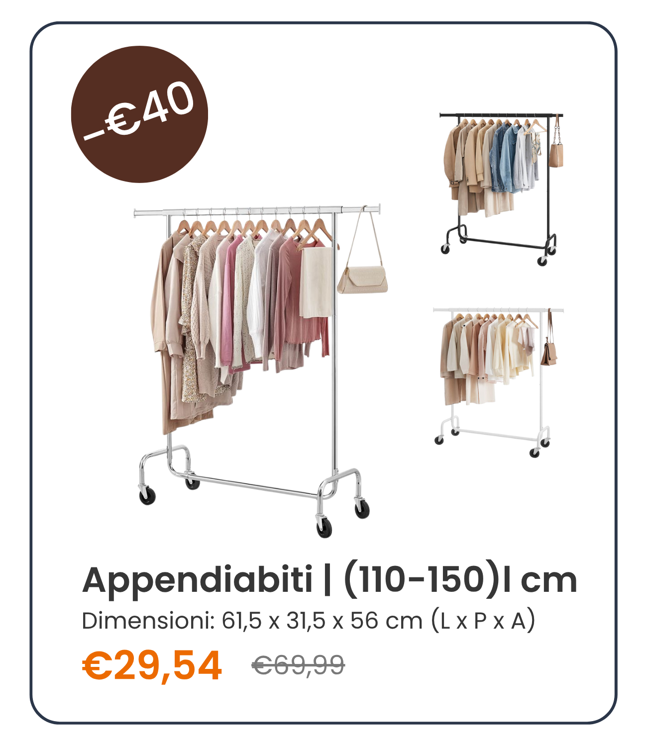 Appendiabiti con Rotelle con Barra Estensibile per Carico Pesante Argento