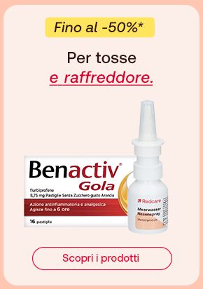 „Promo fino al -50%: Benactiv Gola pastiglie e Redcare spray nasale acqua di mare. Testo: Per tosse e raffreddore. Pulsante: Scopri i prodotti.“