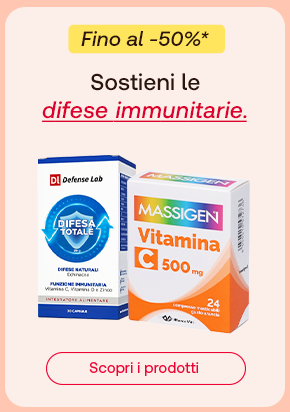 „Promo fino al -50%: confezioni di Defense Lab Difesa Totale e Massigen Vitamina C 500 mg. Testo: Sostieni le difese immunitarie. Pulsante: Scopri i prodotti.“