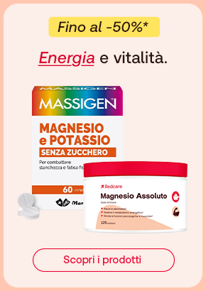 „Promo fino al -50%: Massigen Magnesio e Potassio senza zucchero e Redcare Magnesio Assoluto. Testo: Energia e vitalità. Pulsante: Scopri i prodotti.“