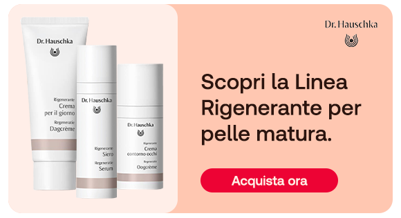 „Banner Dr. Hauschka: prodotti della Linea Rigenerante (crema giorno, siero, crema contorno occhi). Testo: ‘Scopri la Linea Rigenerante per pelle matura.’ Pulsante rosso: Acquista ora.“