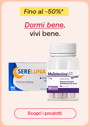 „Promo fino al -50%: confezioni Sereluna integratore e MelatoninaViti Retard. Testo: Dormi bene, vivi bene. Pulsante: Scopri i prodotti.“