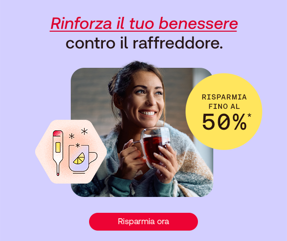 „Banner promozionale: donna sorride avvolta in una coperta mentre beve una tisana calda. Testo: ‘Rinforza il tuo benessere contro il raffreddore.’ Cerchio giallo con scritta ‘Risparmia fino al 50%’. Pulsante rosso: ‘Risparmia ora’.“