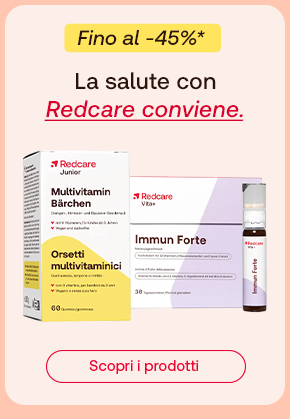 „Promo fino al -45%: prodotti Redcare Junior Orsetti Multivitaminici e Redcare VR Immun Forte. Testo: La salute con Redcare conviene. Pulsante: Scopri i prodotti.“