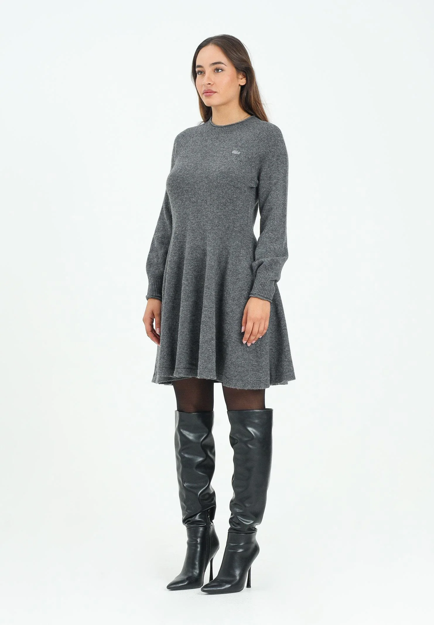 Image of LACOSTE Abito corto grigio da donna in lana cardata senza cuciture