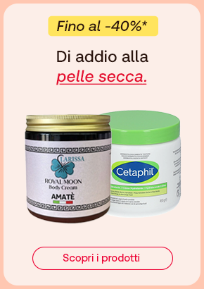 „Promo fino al -40%: barattolo Carissa Royal Moon Body Cream e crema idratante Cetaphil. Testo: Di addio alla pelle secca. Pulsante rosso: Scopri i prodotti.“