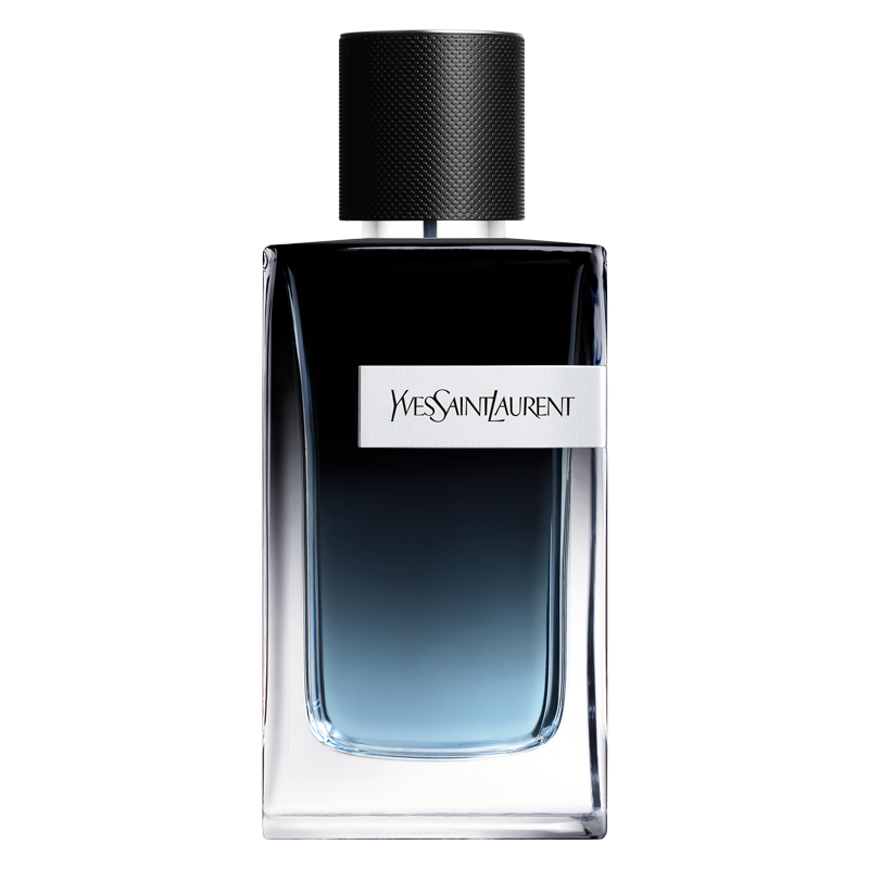 Una bottiglia elegante e rettangolare del profumo YSL Y per Uomo, con un liquido blu sfumato, un'etichetta argentata con il nome del marchio e un tappo nero testurizzato, posta su uno sfondo nero.