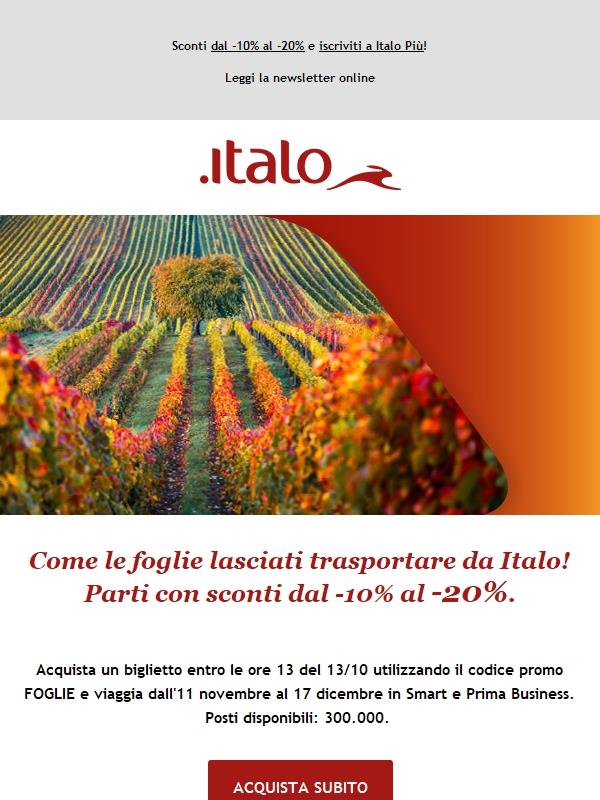 Come le foglie lasciati trasportare da Italo! Parti con sconti dal -10% al -20%.