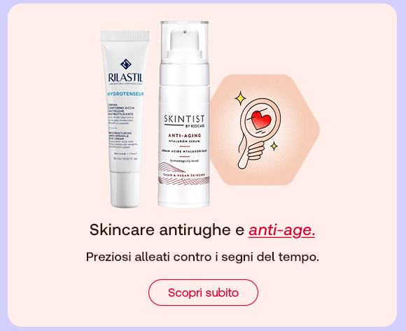 „Banner skincare: prodotti Rilastil Hydrotenseur e Skintist Anti-Aging Serum. Testo: ‘Skincare antirughe e anti-age. Preziosi alleati contro i segni del tempo.’ Pulsante rosso: Scopri subito.“