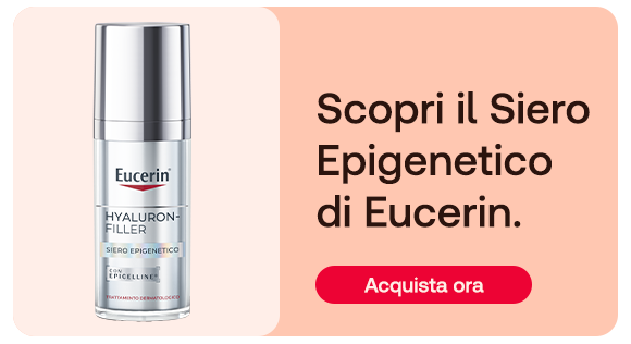 „Banner Eucerin: prodotto Hyaluron-Filler Siero Epigenetico in flacone argento. Testo: ‘Scopri il Siero Epigenetico di Eucerin.’ Pulsante rosso: Acquista ora.“