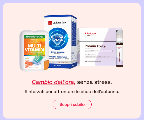 „Promo integratori: Agocap Multivitamin, Defense Lab Difesa Totale e Redcare Immun Forte. Testo: ‘Cambio dell’ora, senza stress. Rinforzati per affrontare le sfide dell’autunno.’ Pulsante rosso: Scopri subito.“