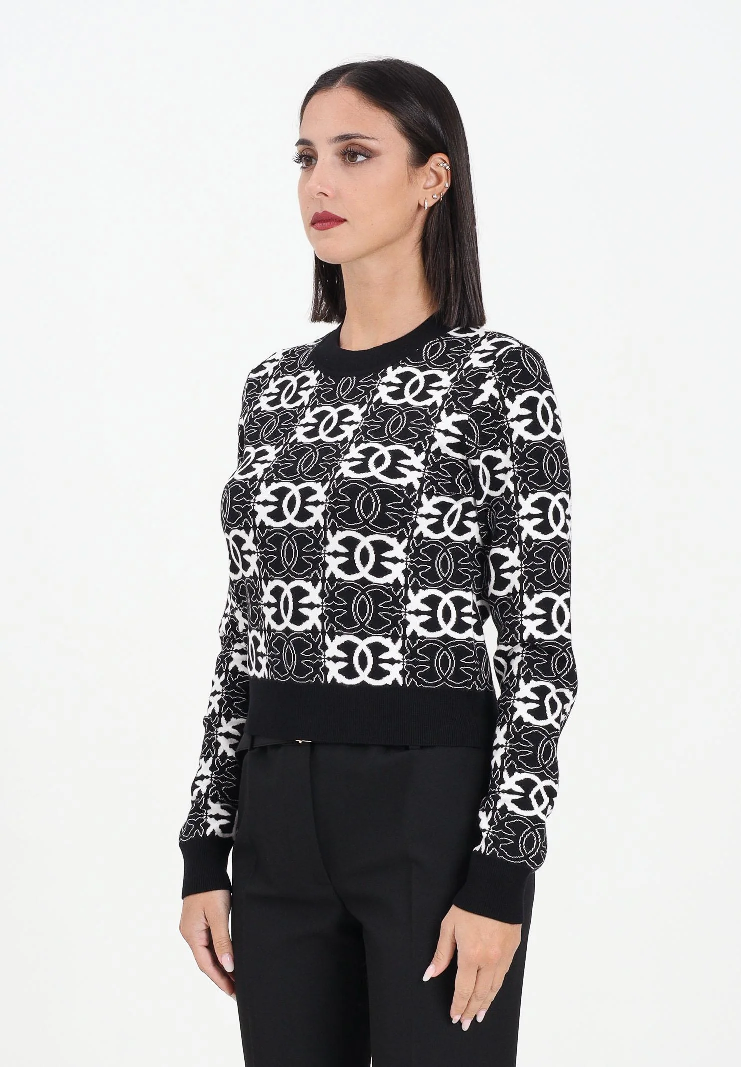Image of PINKO Maglioncino girocollo nero da donna con logo Love Birds
