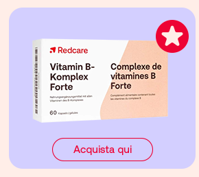 „Confezione Redcare Vitamin B-Komplex Forte, 60 capsule. Icona stella e pulsante rosso: Acquista qui.“
