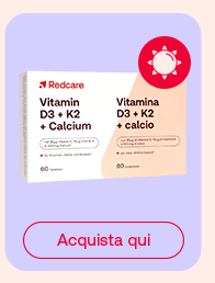 „Confezione di Redcare Vitamin D3 + K2 + Calcium, 60 compresse. Icona sole e pulsante rosso: Acquista qui.“