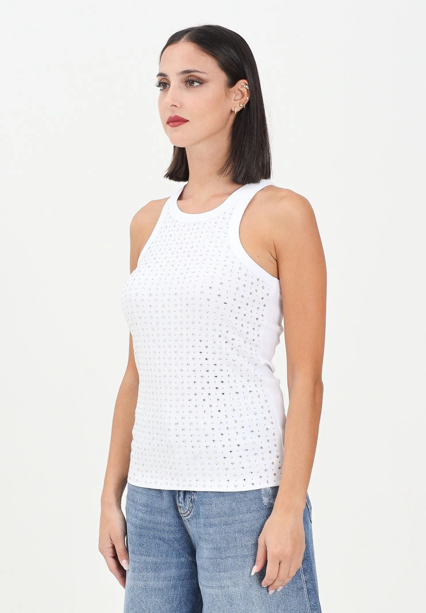 Image of PINKO Canotta bianca da donna con strass e borchie