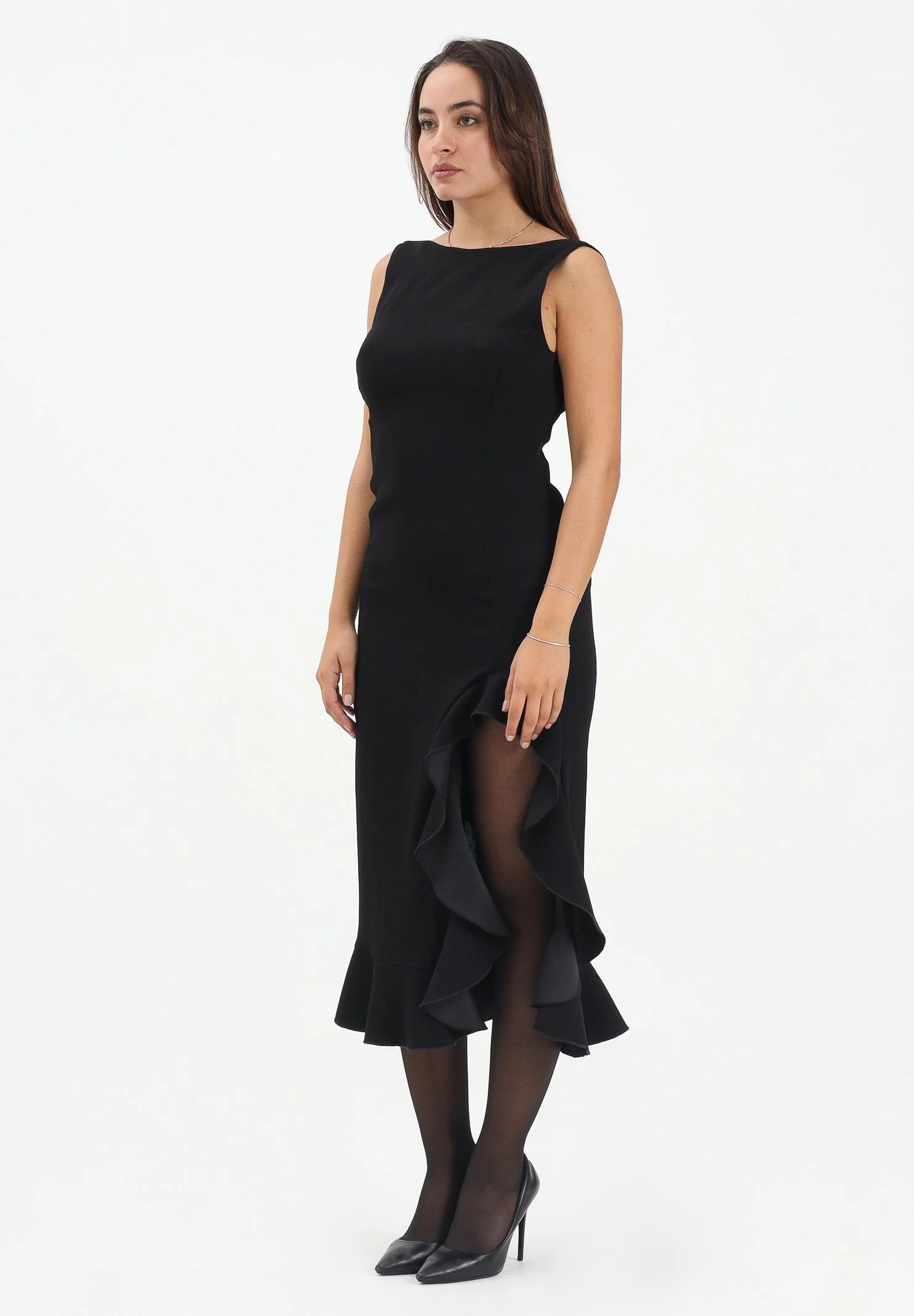 Image of PINKO Abito midi nero da donna con volant