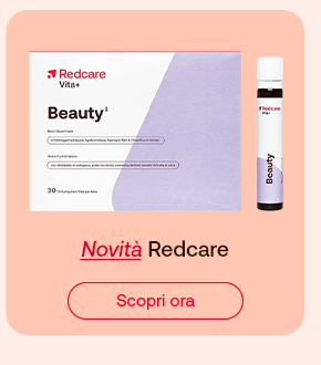 „Prodotto Redcare Vita+ Beauty in confezione e flacone monodose. Testo: Novità Redcare. Pulsante rosso: Scopri ora.“