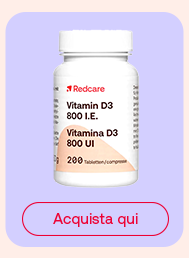 „Flacone di integratore Redcare Vitamin D3 800 I.E. / 800 UI. Pulsante rosso: Acquista qui.“