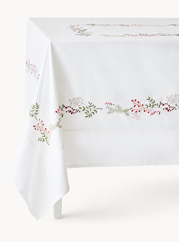 Tovaglia in puro twill di cotone ricamo piazzato agrifoglio