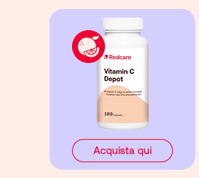 „Flacone di Redcare Vitamin C Depot, 100 capsule. Icona arancia e pulsante rosso: Acquista qui.“