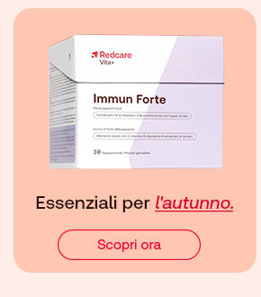 „Confezione Redcare Vita+ Immun Forte. Testo: Essenziali per l’autunno. Pulsante rosso: Scopri ora.“