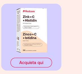 „Confezione di Redcare Zink + C + Histidin, 50 pastiglie gusto arancia. Pulsante rosso: Acquista qui.“