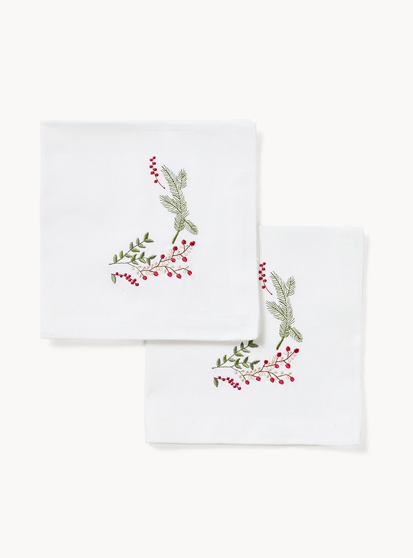 Set di 2 tovaglioli in twill di puro cotone ricamo agrifoglio