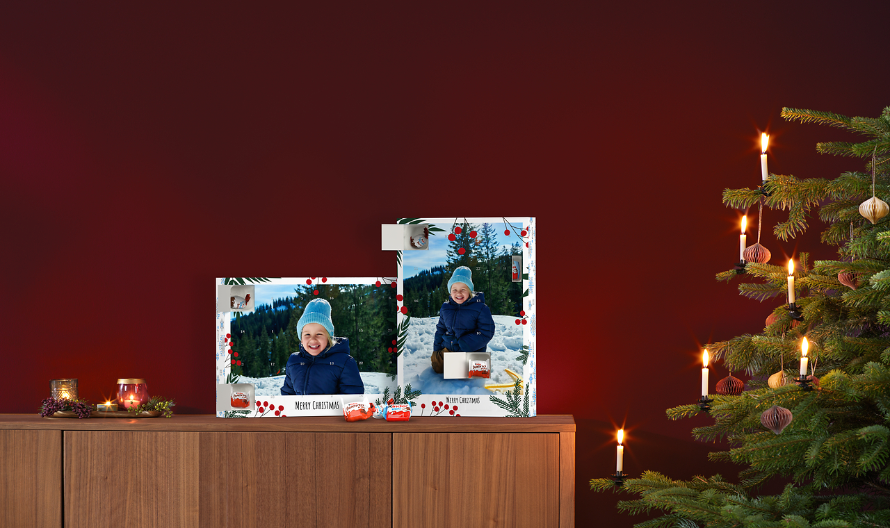 Calendario dell'Avvento con foto personalizzate e cioccolatini nelle finestrelle