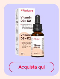 „Prodotto Redcare Vitamin D3 + K2 in flacone con contagocce. Pulsante rosso: Acquista qui.“