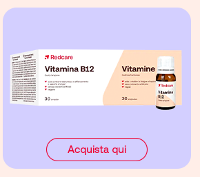 „Flacone e confezione Redcare Vitamina B12, 30 capsule. Pulsante rosso: Acquista qui.“